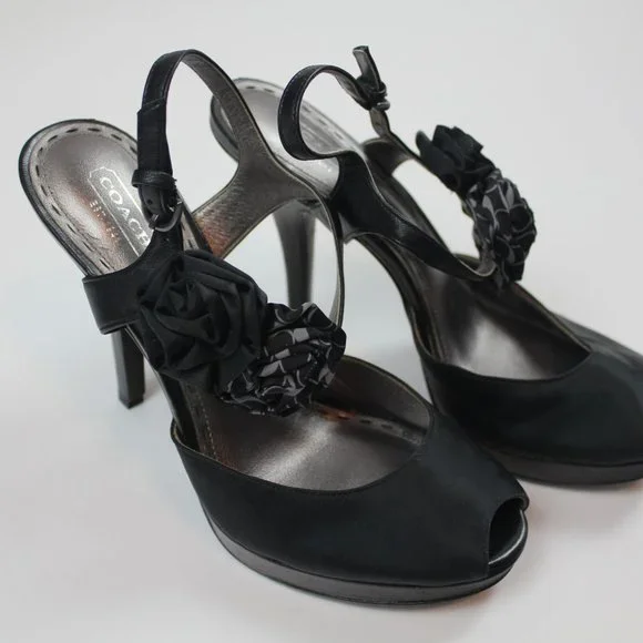 Coach Addysen Black Satin Rosette High Heels Peep Toe Womens Shoes Size 8 8B - Picture 2 of 7
